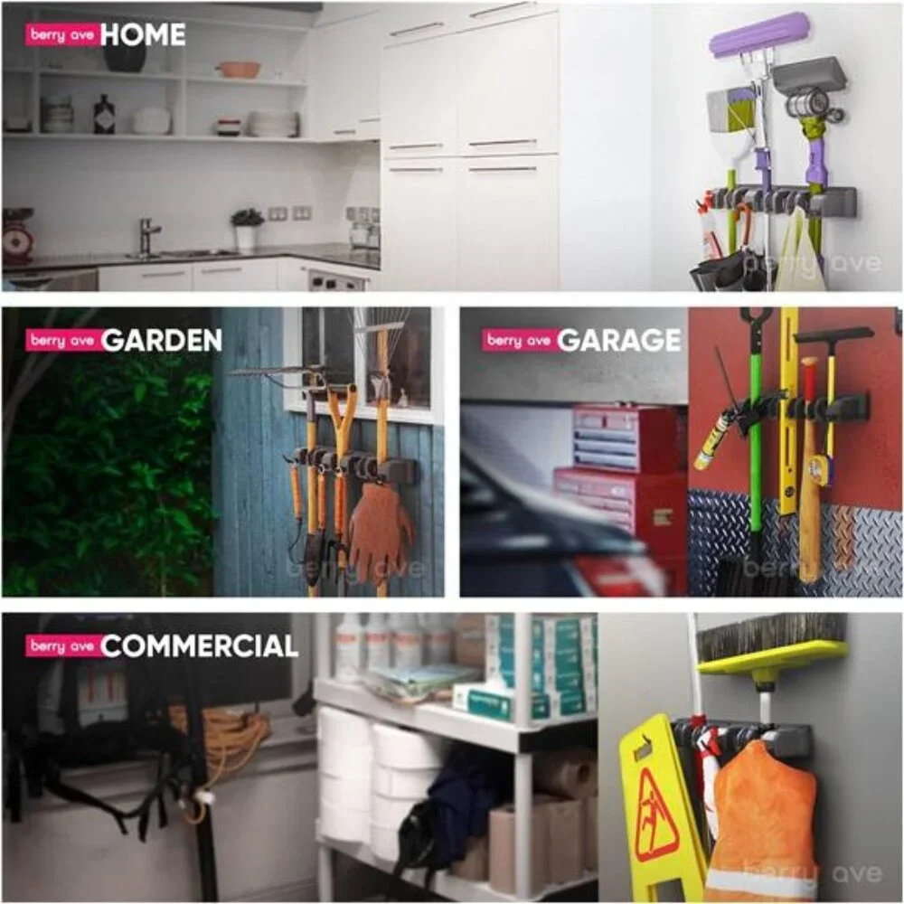 Wall-Mounted Broom Holder - Garden Tool & Utility Organizer with‎ Hooks, 1pack